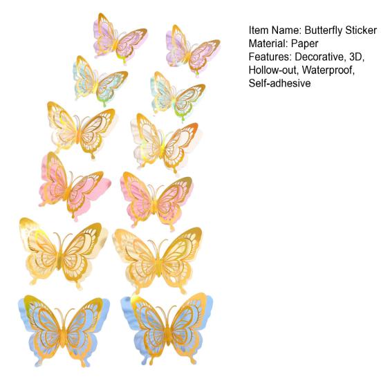 12Pcs 3D Butterfly Wall Sticker Waterproof Scratch-Resistant Wall Decals Self-Adhesive DIY Wall Decors for Living Room Bedroom Bathroom Kitchen