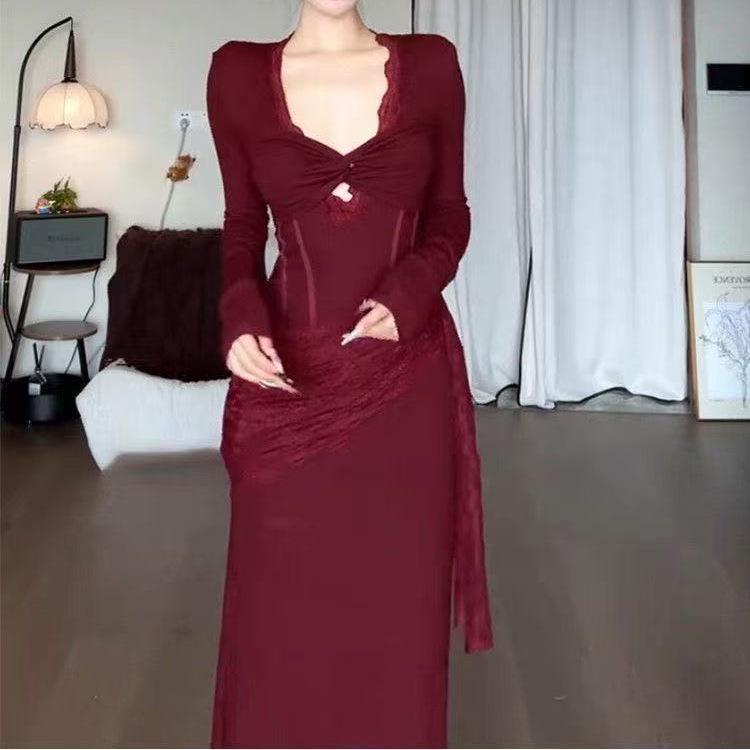 Elegant French Lace Patchwork Mermaid Gown - Slim Fit Long Sleeve Dress for Women