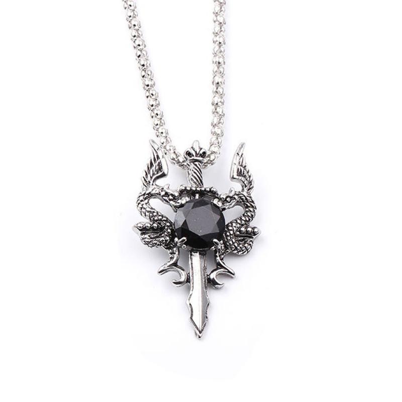 Vintage Dragon Amulet Necklace Double Dragon Sword Crucifix Crystal Pendant Punk Animal Dragon Jewelry Gift for Men Boys
