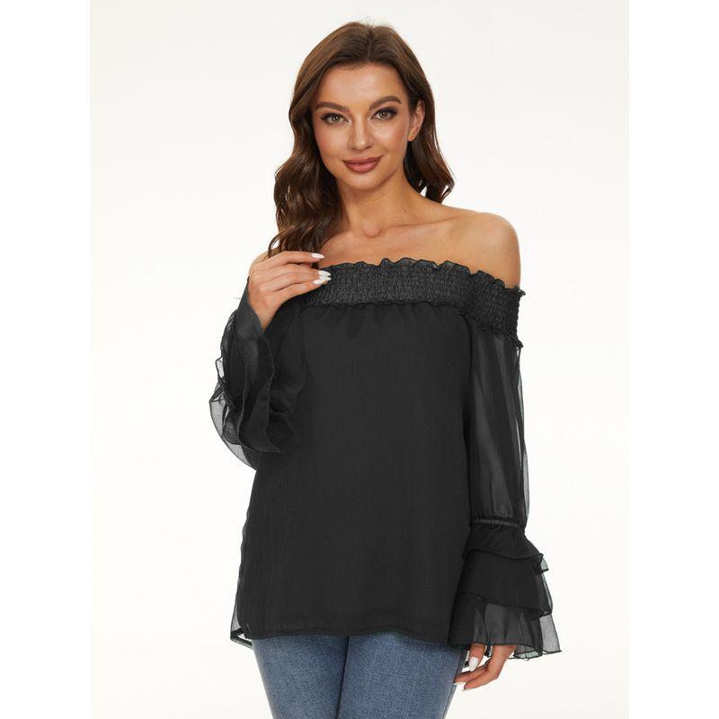 2022 New One Word Neck Casual Long Sleeve Chiffon Shirt Top