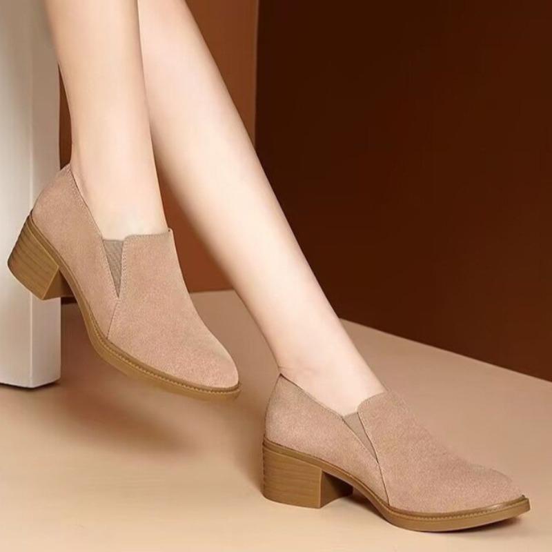 Women's Suede Block Heel Single Shoes Autumn New Round Toe Deep Mouth Slip-on Non-Slip Kitten Heels