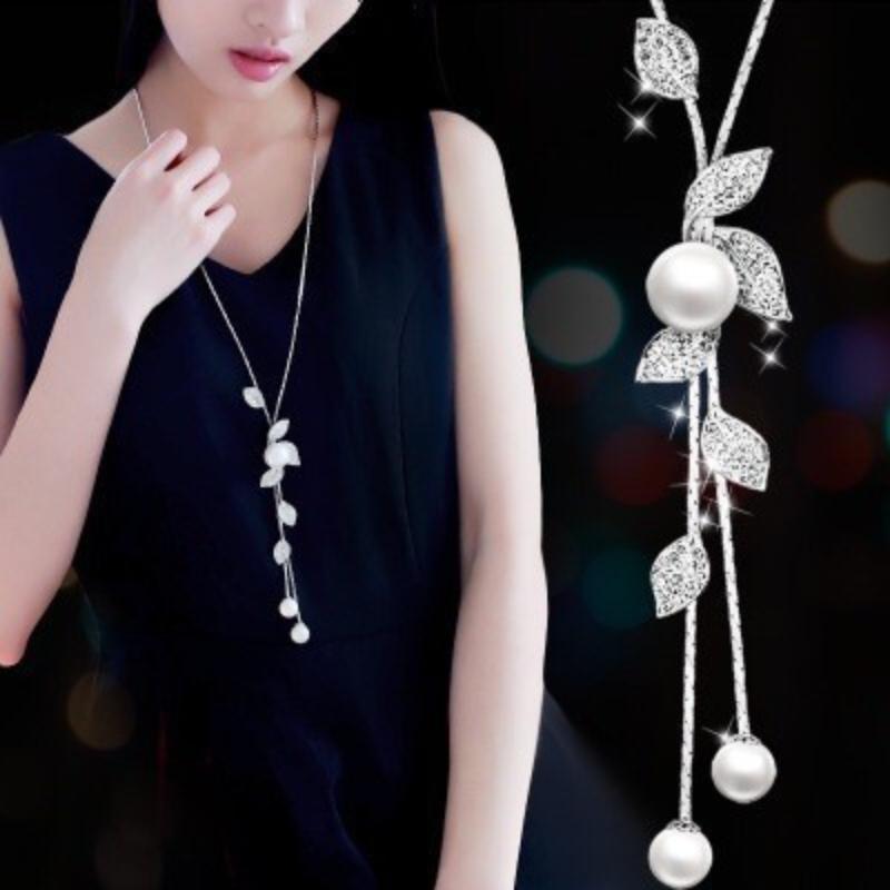 Long Tassel Chain Leaves Pendants Necklace For Women Trendy Crystal Pearl Sweater Chain Accessories On Neck Fashion Jewelry Female