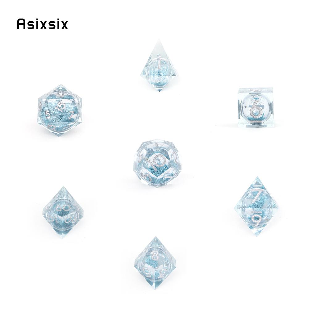 7 Pcs Transparent Blue Resin Flowing Sand White Number Sharp Edge Dice Polyhedral Dice Suitable For Dice PropBoard Game