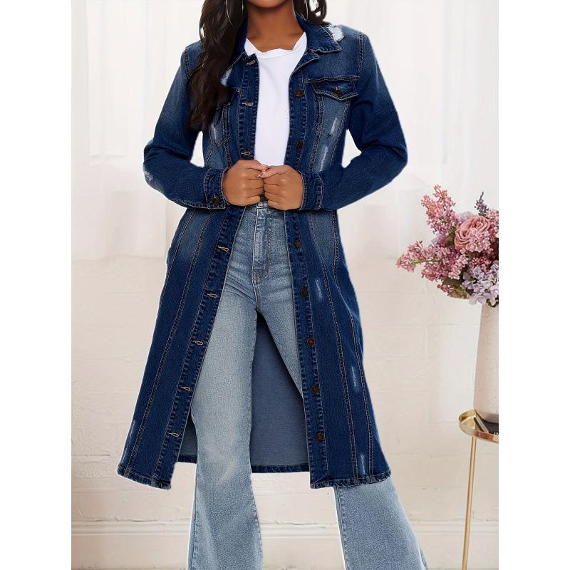 2025 European & American Women's Retro Lapel Button-Slim Denim Long Coat