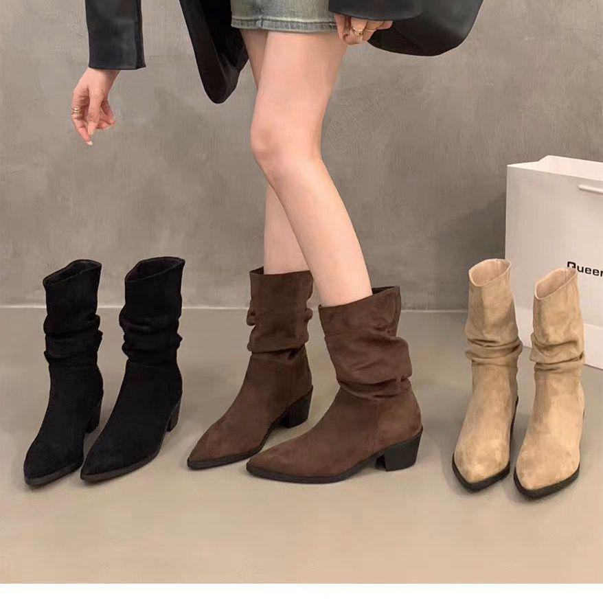 Khaki Suede Pointed Toe Slimming French Ankle Boots for Women - Spring Autumn 2025