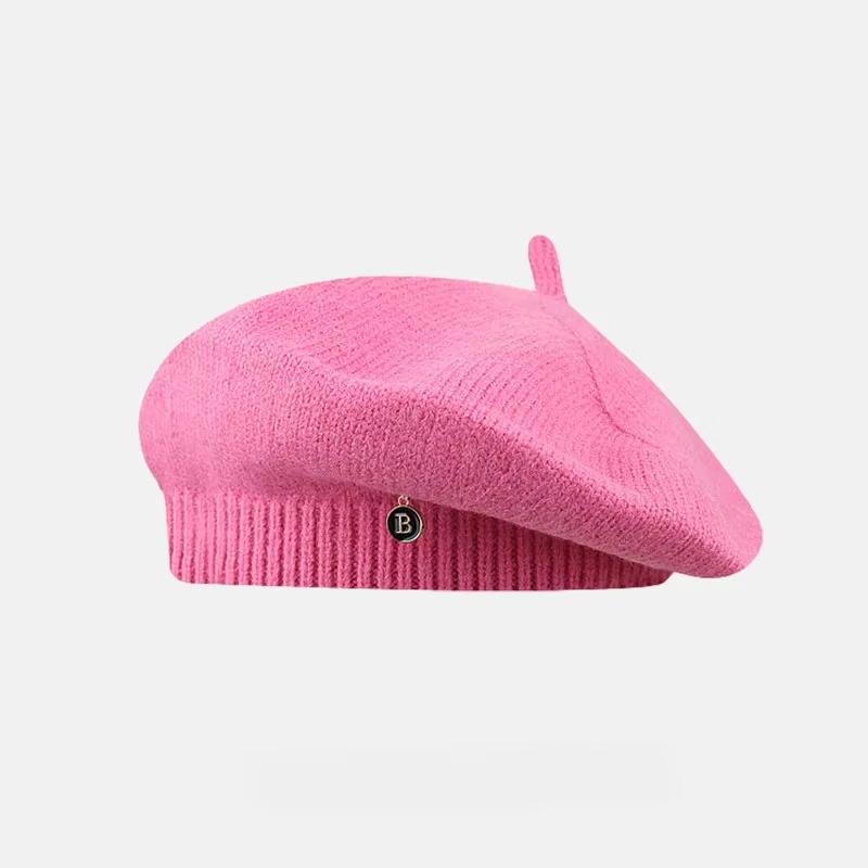 

Women Candy Color Knitted Beret Autumn Winter Hat Thick Artist Painter Hat Girls Berets Female Warm Cap Beanies рожевий
