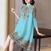 Women's Three Quarter Sleeve Midi Dress Stand Collar Loose Fit Chinese Style Floral Print Qipao Dress