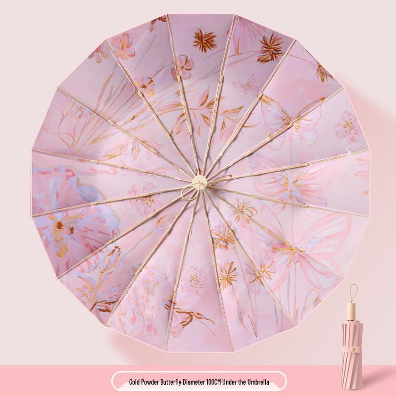 16-Rib Chinese Style Sun & Rain Umbrella: Women s Foldable UV Protection Gel Umbrella