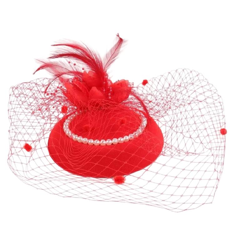 Feather Trimmed Faux Pearls Decorated Mesh Hat Elegant Evening Headwear Ideal For Wedding Guest Attires