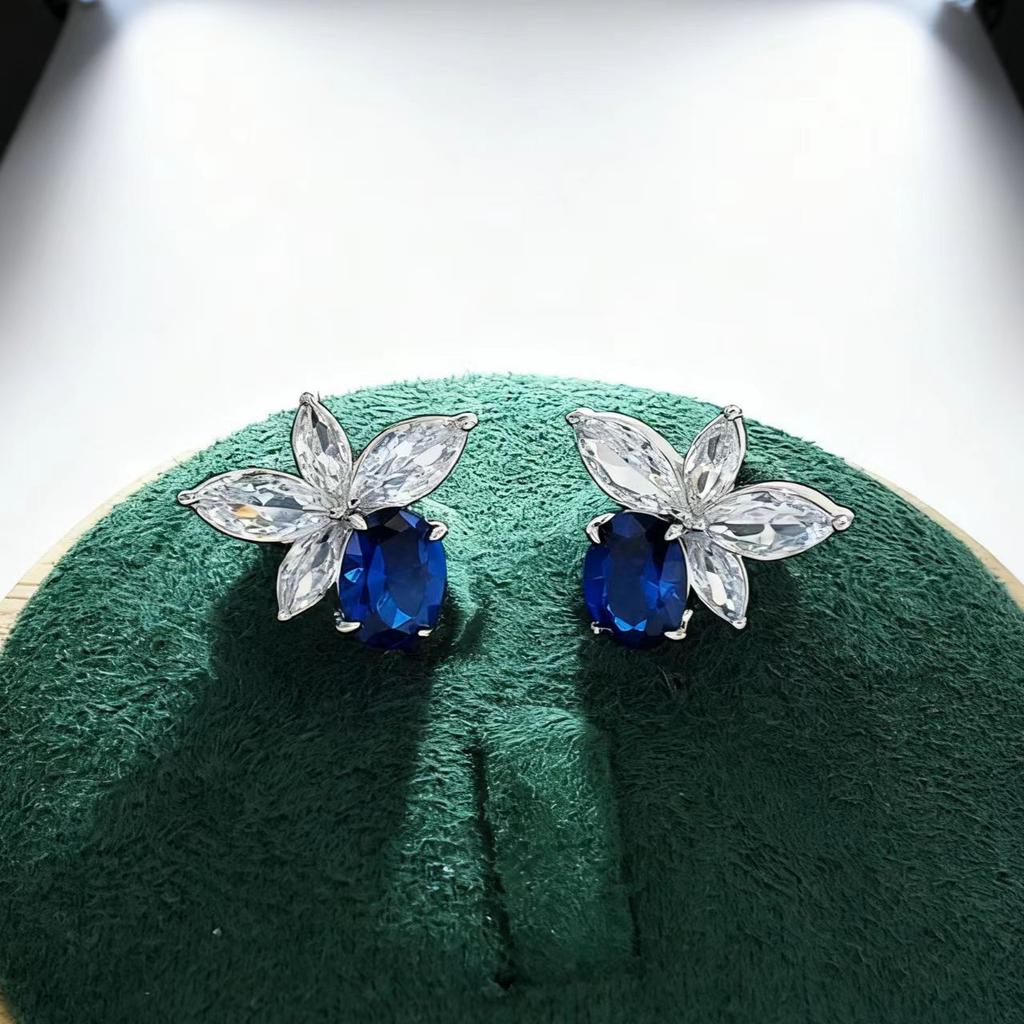 Jewelry Earrings Imitation Royal Sapphire Flower Colored Treasure Stud Earrings Retro Simple Butterfly Stud Earrings Women'S