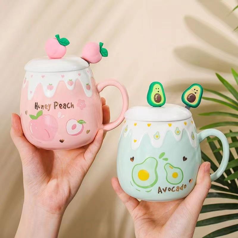Korean version cute water cup boys and girls ceramic cup with lid spoon large capacity mug office coffee breakfast cup