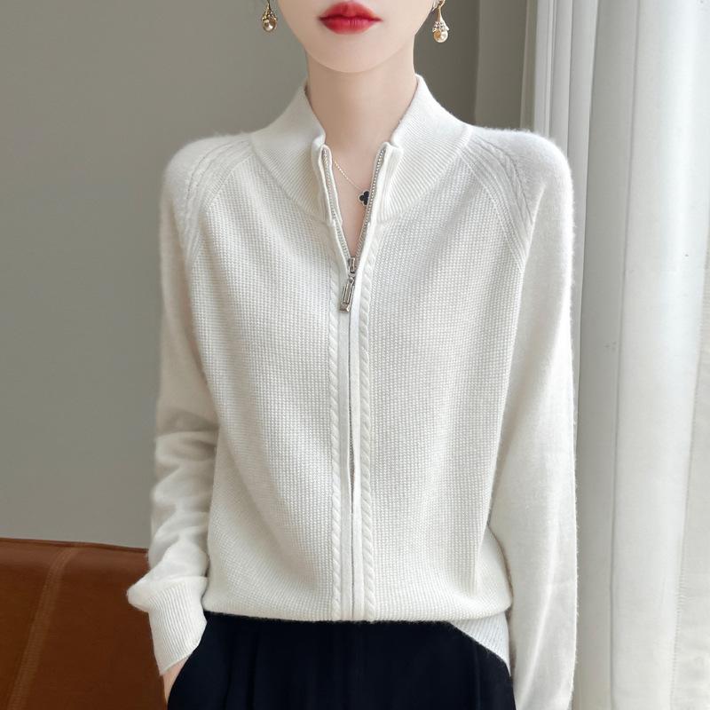 Stand-collar Zipper Wool Cardigan for Women In Autumn and Winter New Style Ingot Needle Sweater Loose Jacket Casual Knitted Top