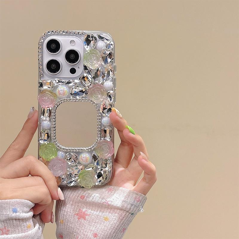 

Applicable To Apple 17Promax Square Glass Mirror Mobile Phone Case Flower Rhinestone Iphone15 Acrylic Hard Case iPhone 7/8/SE 2020