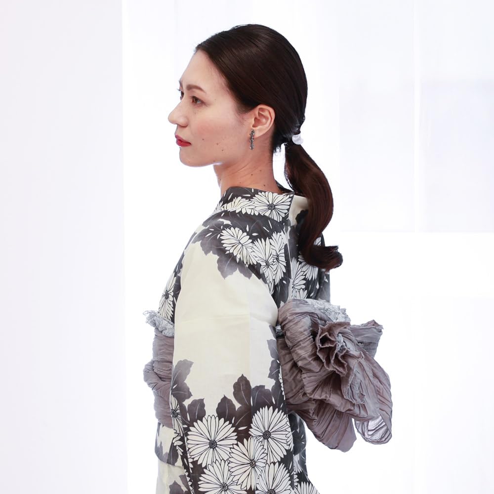 Kyoto Kimono Yuzen Women's Yukata Set (2-Piece Set) with Obi, Floral Print, White, Modern, Purple, and Chrysanthemum Design