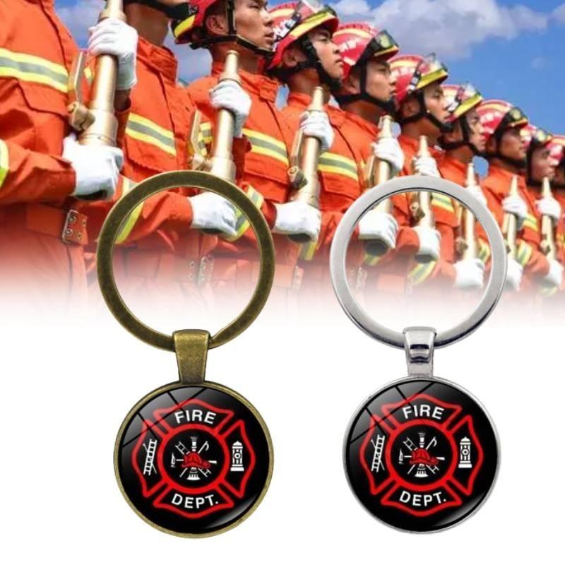 Klassiek brandweerembleem, tijdsedelsteen sleutelhanger, stijlvolle metalen sleutelring