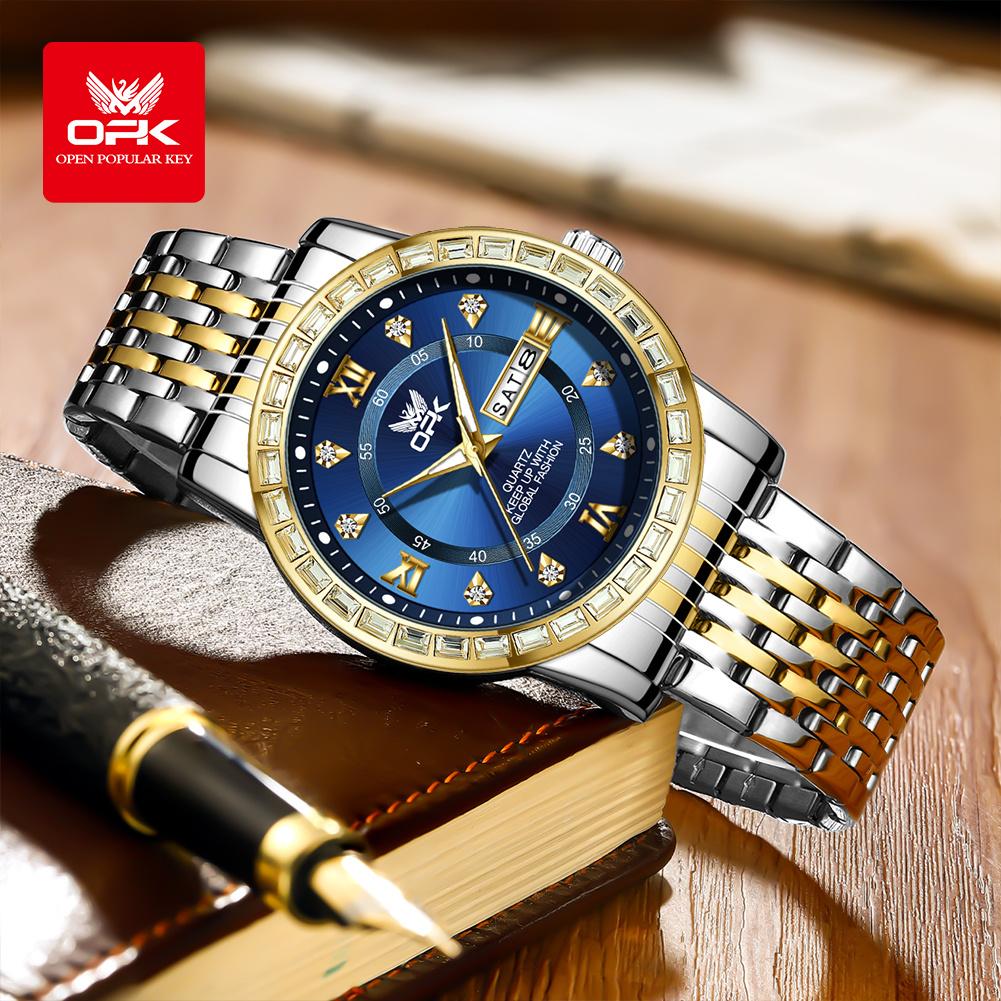OPK Dual Calendar Luxury Quartz Watch For Men Diamond Roman Scale Business Hand Clock Waterproof Fashion Original Man Watch