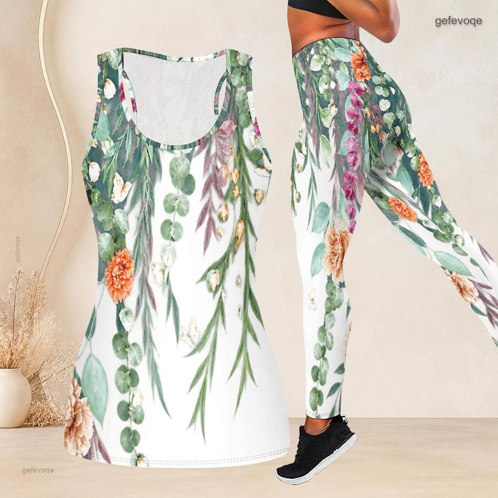 Women Plus Size Two Piece Set Scoop Neck Sleeveless Floral Printed Longline Tank Top Fitted Leggings