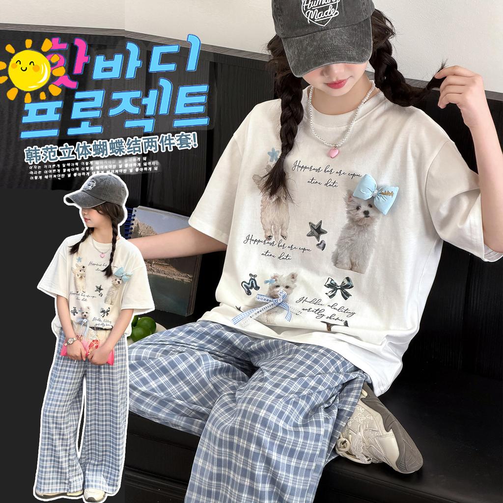 Girls' short sleeved T-shirt and long pants set for summer 2026, new trendy children's fashion, girls' checkered pants for summer wear