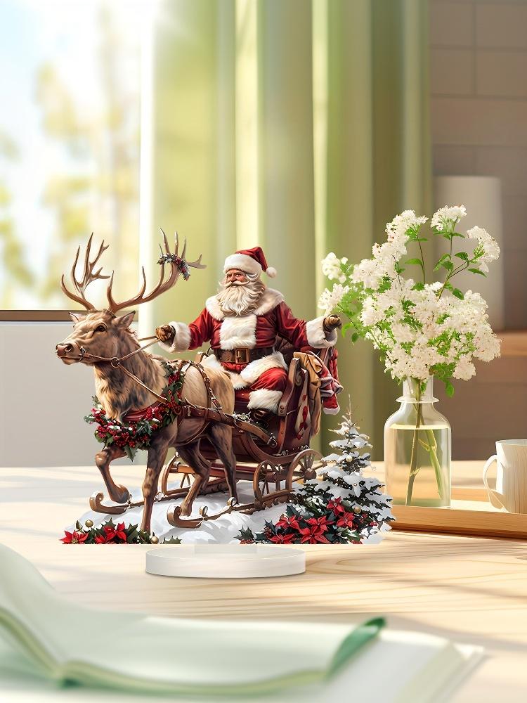1pc 2D Acrylic Santa Claus Reindeer Sled Tabletop Decoration With Base Christmas Ornaments Xmas Navidad Party Supplies