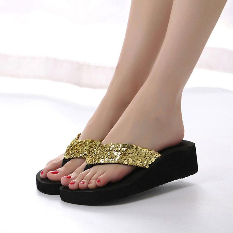 Sequins Summer Womens Antislip Sandals Girl Wedge Heels Slippers Flipflops Us