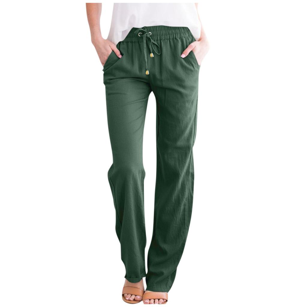 Women Casual Cotton And Linen Drawstring Elastic Waist Long Straight Pants