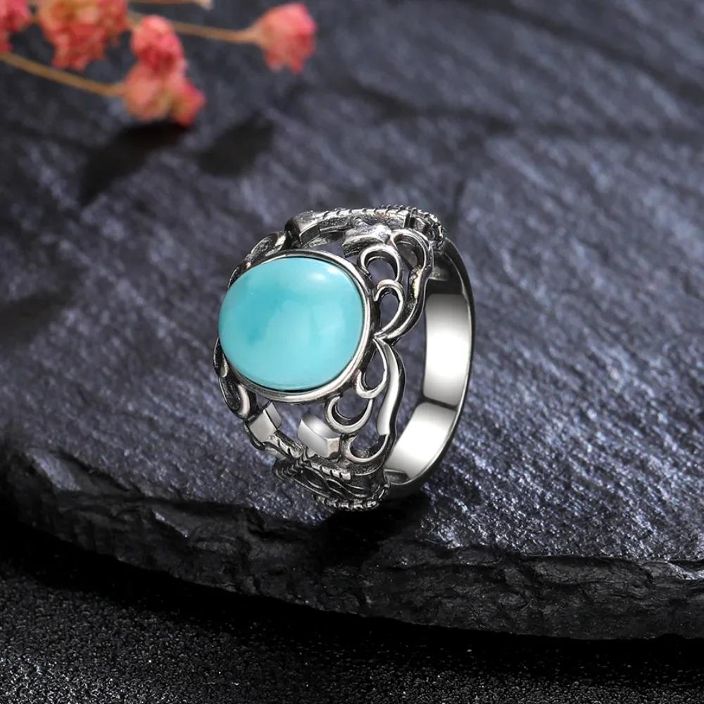 Natural 10*12MM Turquoise Blue Sandstone Ring S Silver Rings for Women Men Axe Hollow Design Wholesale
