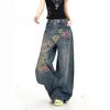 Vintage American Leopard Letter Print Jazz Scimitar Pants Women's Summer Wide Leg Jeans  Letter Graphic Jeans, Vintage Wash Wide-leg Casual Pants