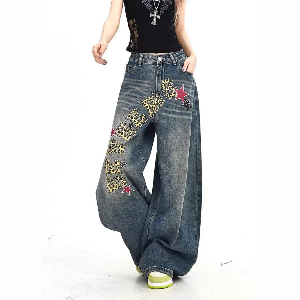 Vintage American Leopard Letter Print Jazz Scimitar Pants Women's Summer Wide Leg Jeans  Letter Graphic Jeans, Vintage Wash Wide-leg Casual Pants