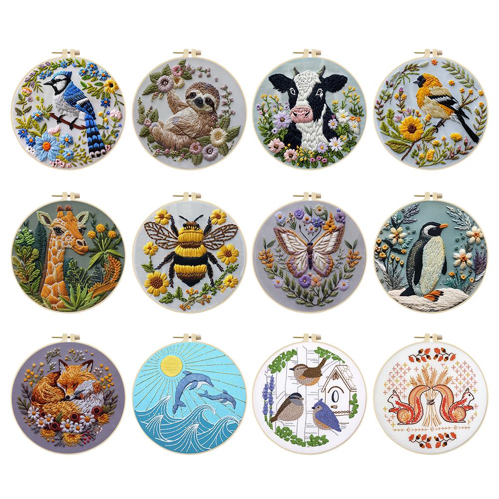 Animal Stamped Cross Stitch Embroidery Kits with Hoop Cloth Color Thread