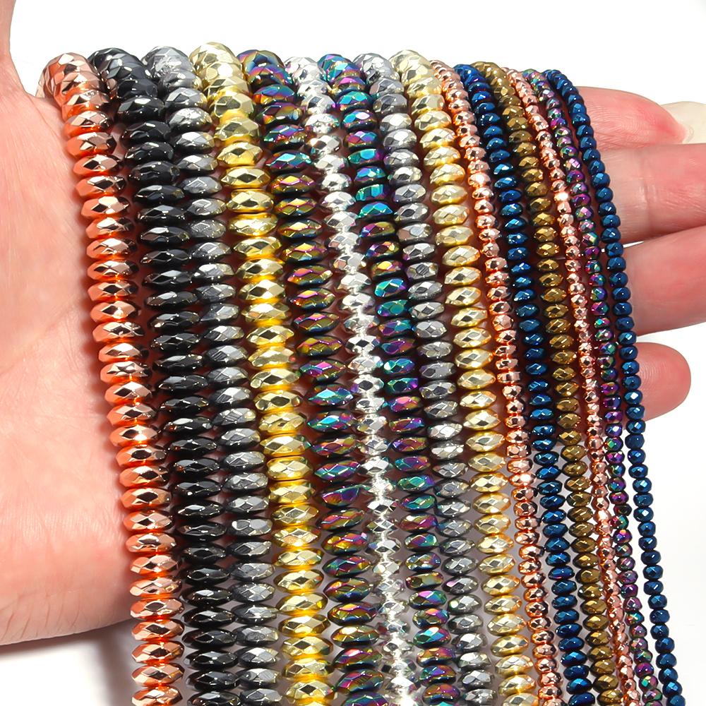 1 Strand Black Hematite Natural Stone Faceted Beads Gold Color Abacus Shaped Spaced Beads For DIY Bracelet Necklace Accessories