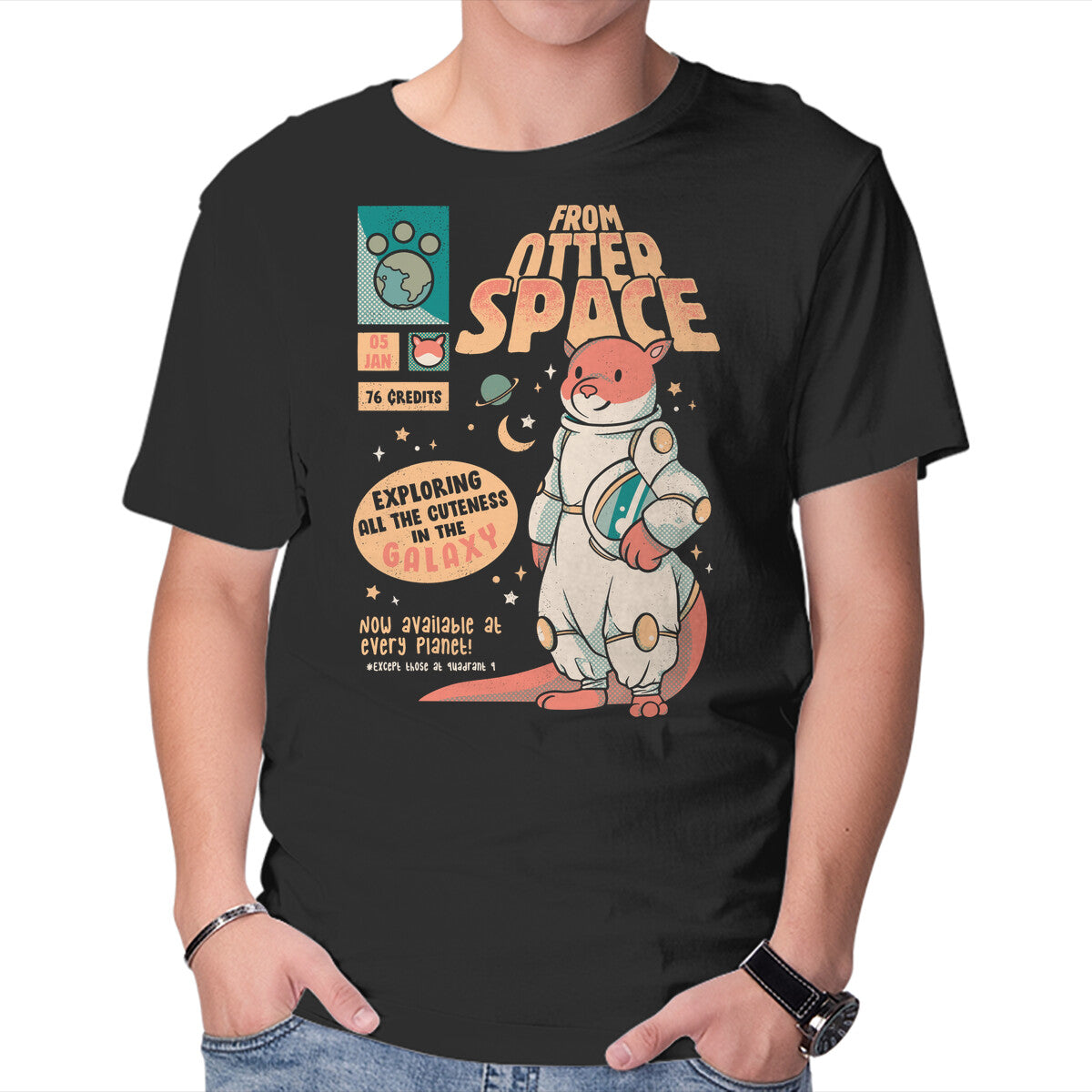 Unisex Crew Neck T-Shirt Otter Space Astronaut Graphic Short Sleeve Casual Tee XXXXL