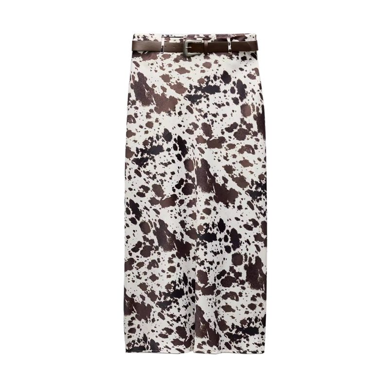 

Spring New Women s Clothing Fashion Style with Belt Print Silk Satin Texture Midi Skirt Skirt 3152409 A color L