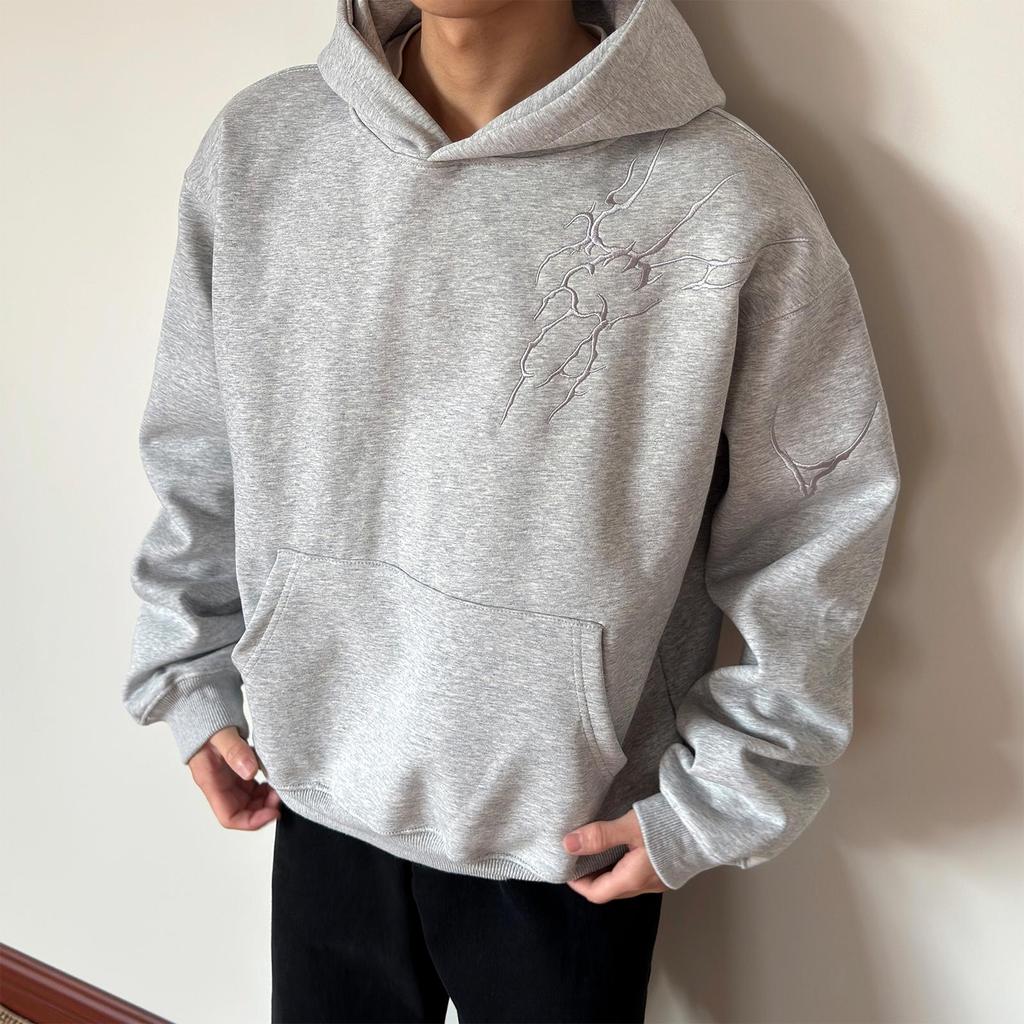 Unisex Retro Lightning Embroidery Hooded Sweatshirt - Loose Fit for Spring and Autumn