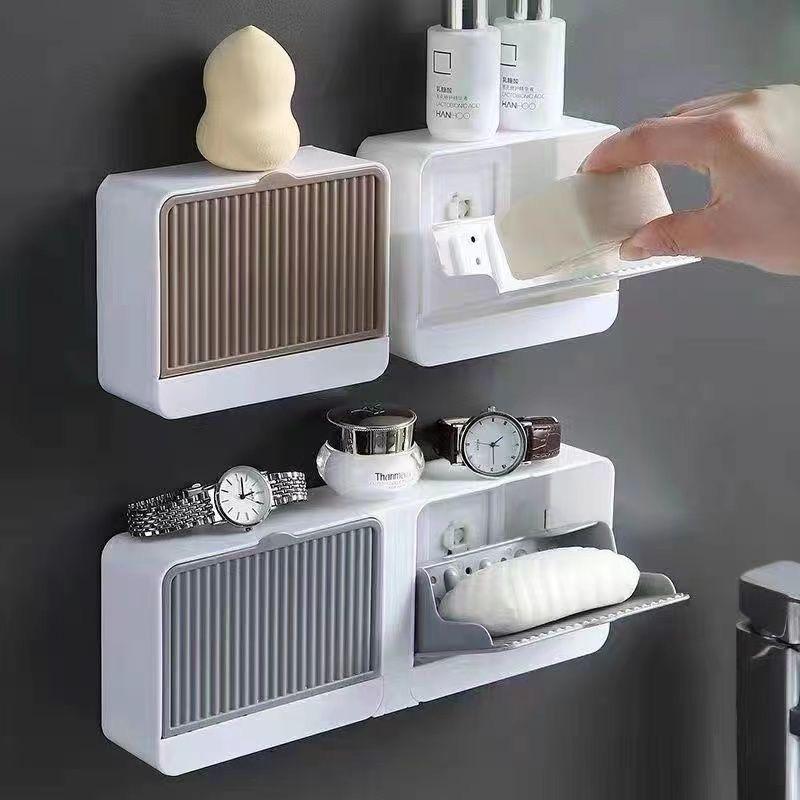 Wall-Mounted Soap Dish with Lid - No Punching Required, Creative Design, High-End Bathroom Soap Holder, Draining Box