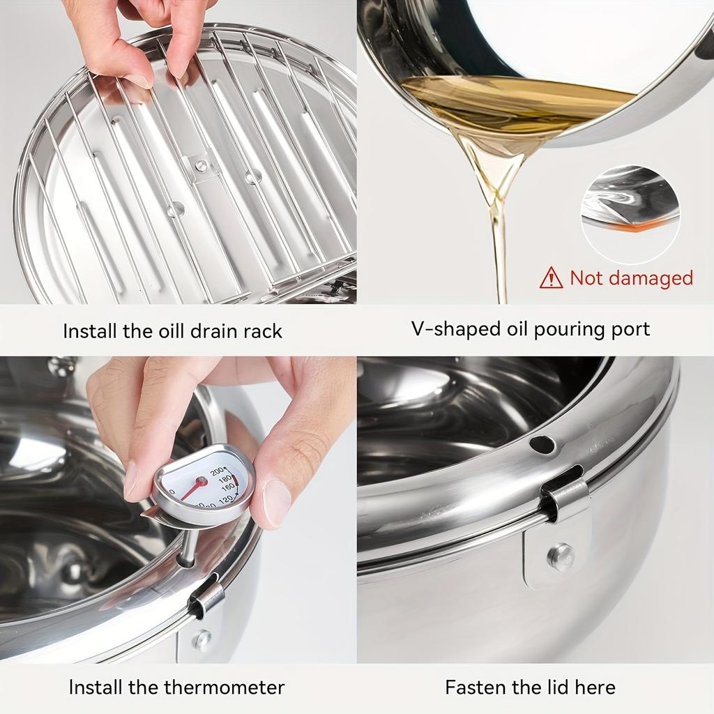 1pc 304 Stainless Steel Deep Fryer Pot, Frying Chicken Pot, Tempura Deep Fryer with A Thermometer and A Lid, Japanese Style Tempura Fryer Pan