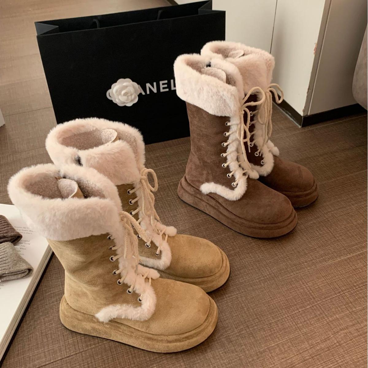 

Winter retro thick-soled velvet knight boots warm mid-tube Martin strap-on boots fluffy shoes snow boots 40 хаки