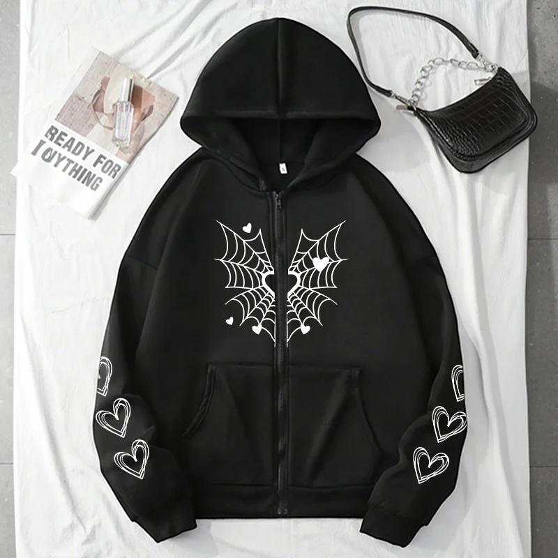 2025 Hot Sale Women's Hoodie Cute Spider Web Heart Print Zip-up Sweatshirt Fall Winter Female Urban Casual Fashion Hooded Jacket