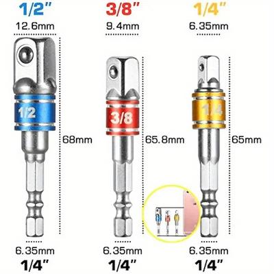 3pcs Impact Socket Adapter Set with Color Coding - 1/4", 3/8", 1/2" Hex Shank, Cordless Power Drill Compatible, Durable Alloy Construction