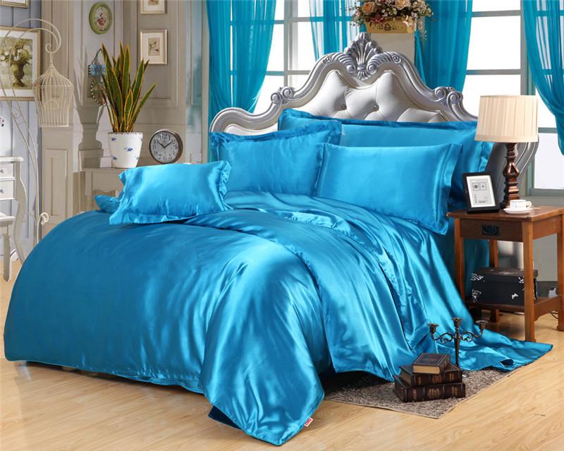 Red Wedding Four-Piece Set: Imitation Mulberry Silk Duvet Cover and Bed Sheet in Solid Color, Double Size, Faux Tencel Tribute Satin.
