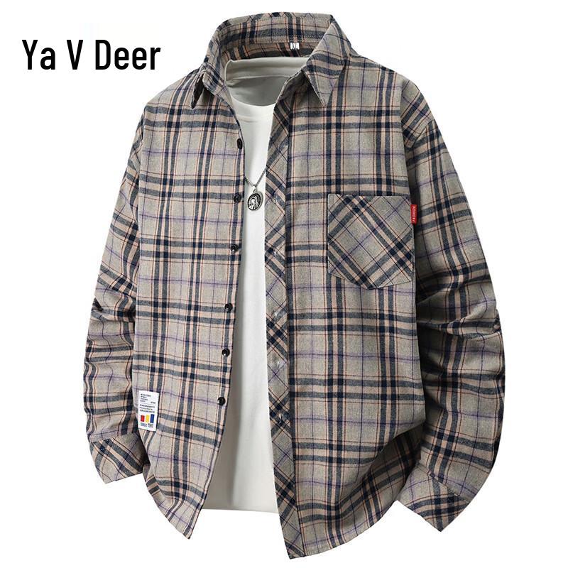 Yalu Men s Spring Plaid Loose Long-Sleeve Shirt M