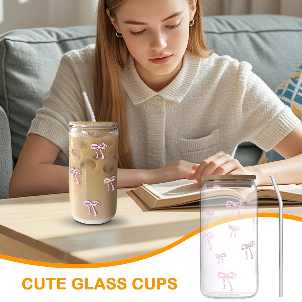 500ml Cute Bow Bottle Bow Glass Cup with Lid and Straw Pink Bow Cute Glass Cups with Lids and Straw Tumbler Glass Cup for Coffee