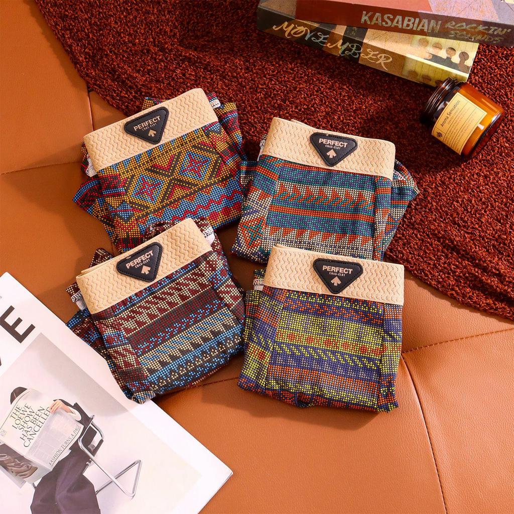 Men's Ethnic Style Cotton Boxer Briefs - Comfortable & Breathable Retro Print Shorts