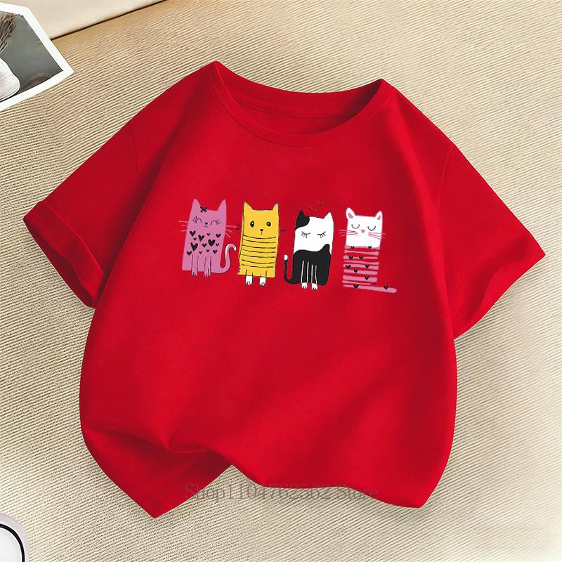 Cute Cat Print Children T-shirts Summer Girls Boys Casual Fashion Kawaii Short Sleeve Tops O-Neck Colorful Kids T-shirts