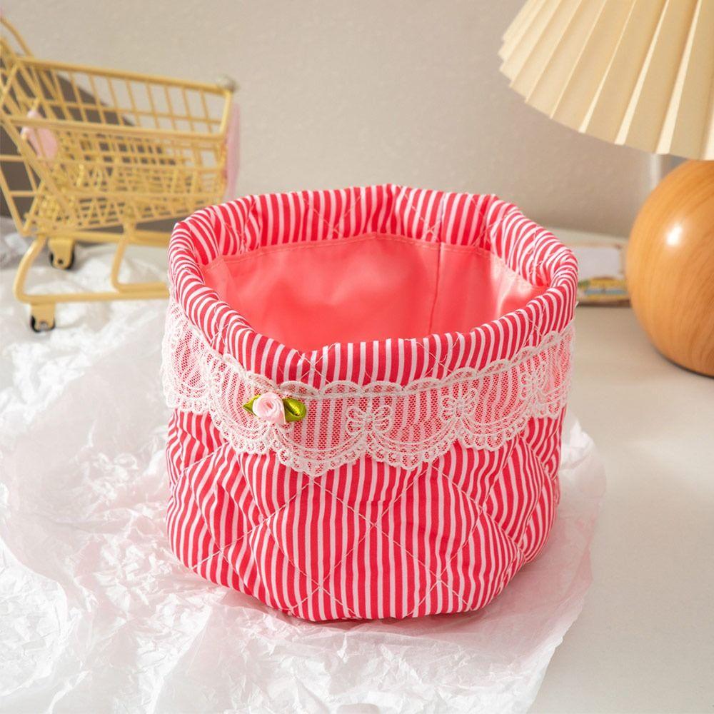 Soft Touch Quilting Cotton Desktop Storage Basket Lace Bowknot Decor Large-capacity Storage Box Round Organizer Home