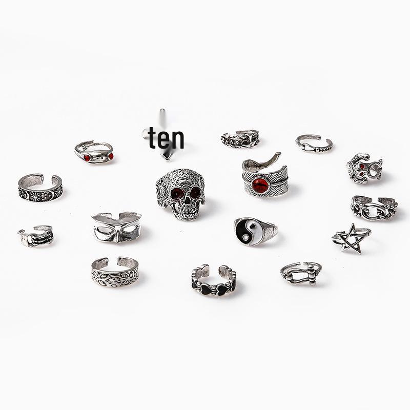 Vintage Animal Skull, Snake, Frog Mask Adjustable Ring Jewelry Set – 16 Pieces