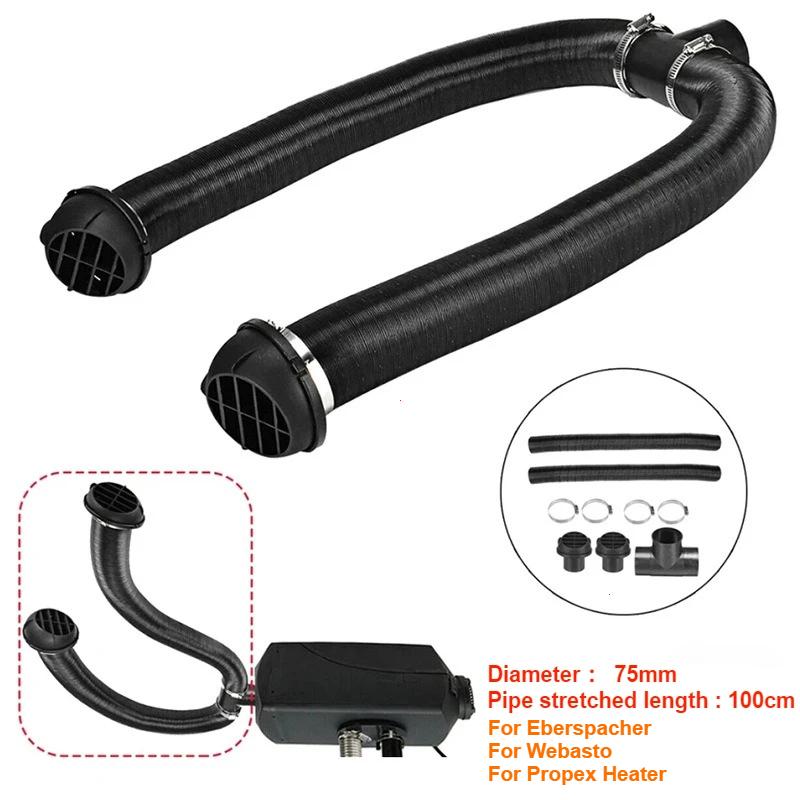 75mm Naftové topení T 3 Výstupy Konektor & 2x Výstup vzduchu & 2x Potrubí Teplé Černé & 4x Sada svorek Pro auto Nákladní auto VAN Obytný vůz
