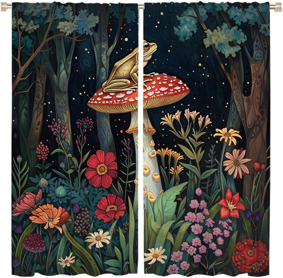 

Vintage Rustic Mushroom Frog Blackout Curtains Watercolor Aesthetic Spring Forest Florals Animal Frogs Printed Perforated Curtai 100*130 Grommet Top 1pcs