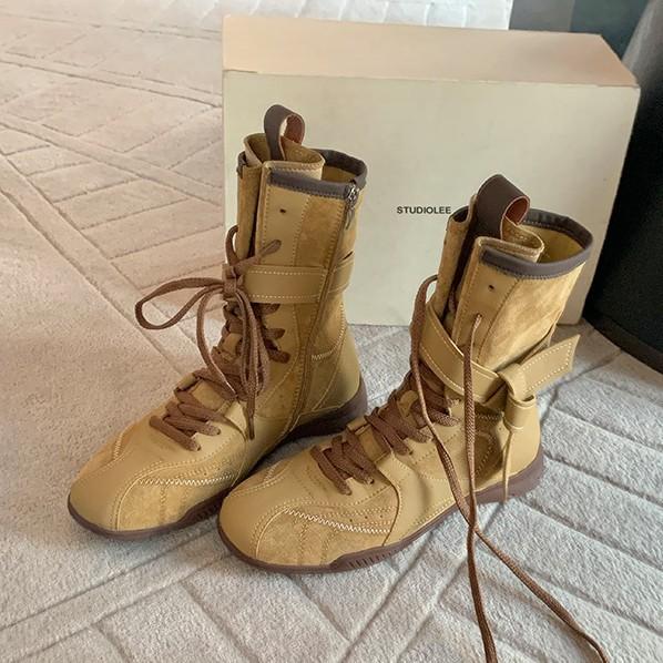 

Grape mother same retro round head color matching strap side zipper hunting outfit Dexun Martin boots fashionable versatile boxing boots 40