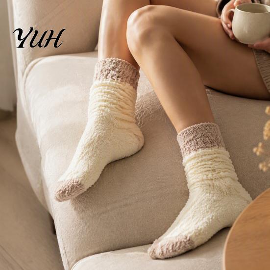 Warm Crew Socks for Winter Thickened Long Plush Women, Coral Fleece Socks, Warmth Autumn Thermal Sleep Anti-static Contrast Color Indoor Cozy Hosiery