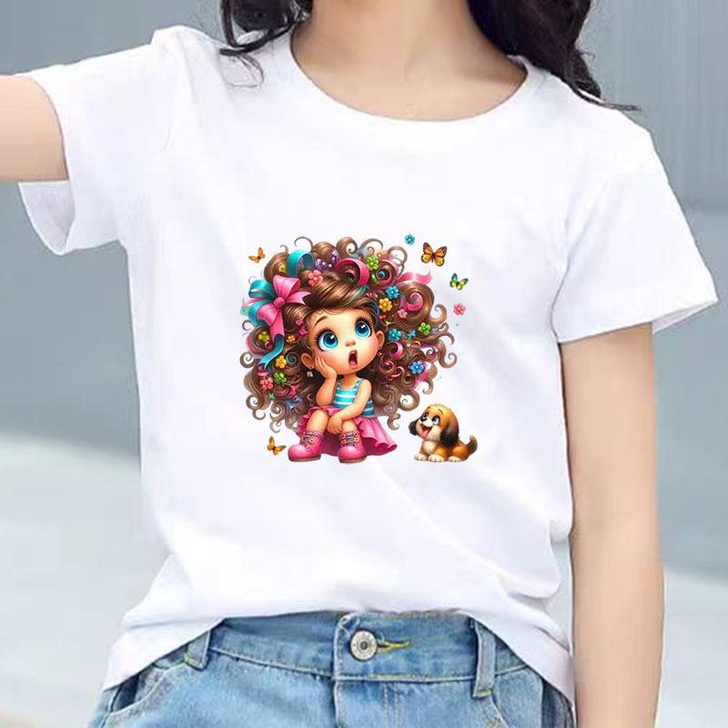 Kids Cotton T Shirt Floral Curly Hair Girl Sitting With Puppy Dog Print Crew Neck Short Sleeve Tee Casual Boys Girls Summer Tops